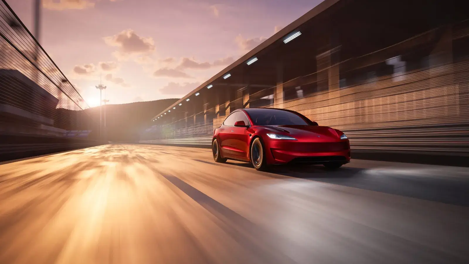 Red Tesla Model 3 with XPEL window tint driving through a tunnel